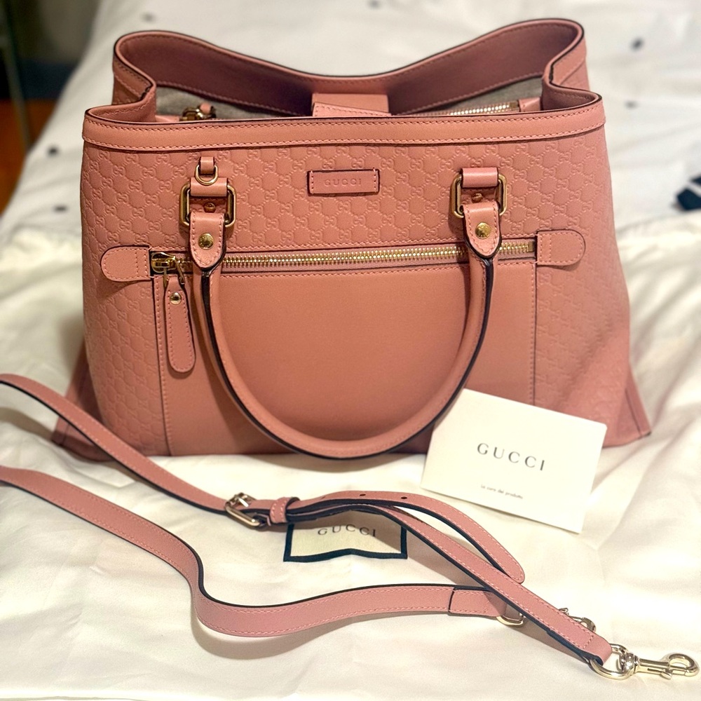Gucci Micro Guccissima Medium Top Handle Tote with Detachable Strap in Rose Pink